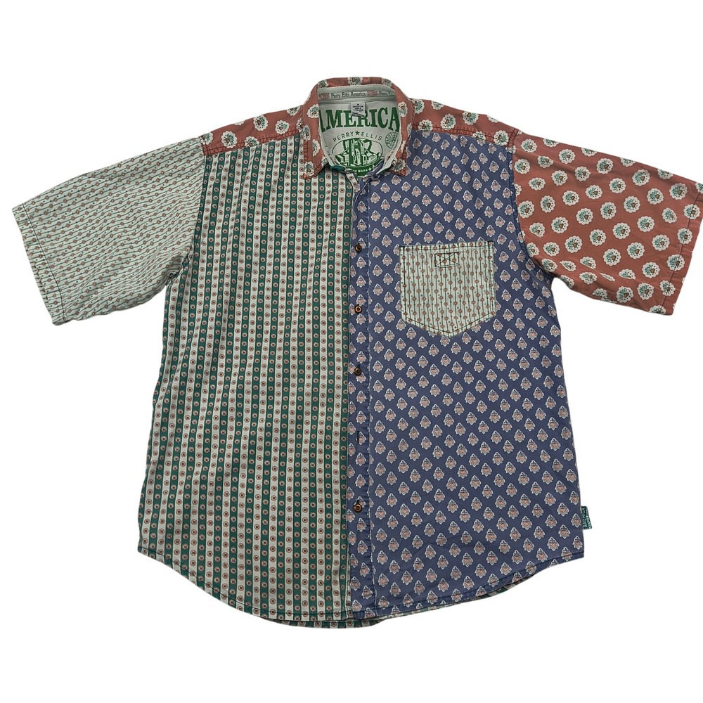 Perry Ellis America Men Medium Patchwork Colorblock Short Sleeve Button Up Shirt